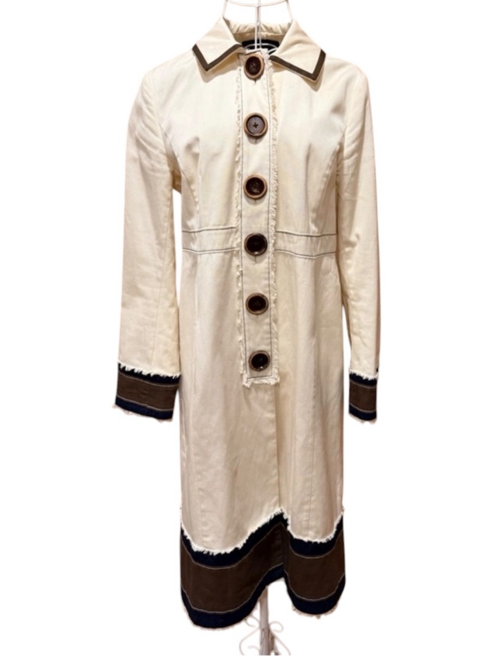 Boden Agar Trench Coat Cream Navy Contrast Trim Wood Buttons Size 10
